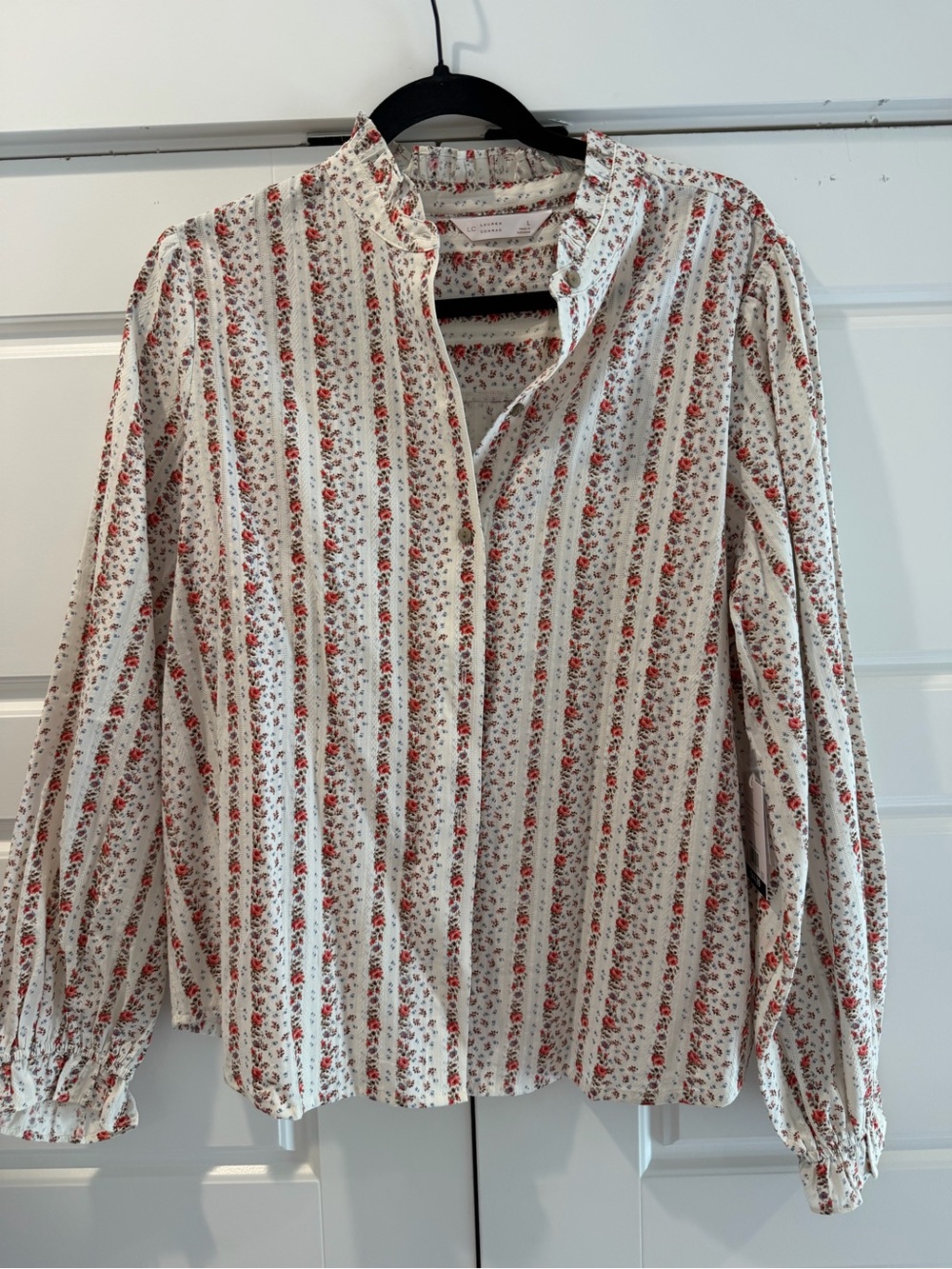 Lauren Conrad Women's Cream Floral Stripe Long-Sleeve Shirt